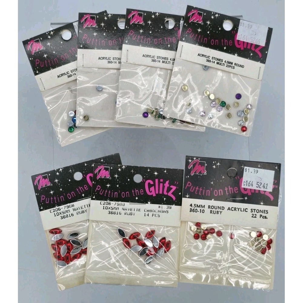 7 Lot - Vtg Puttin' On The Glitz‎ Rhinestones Acrylic Stones - 4.5mm - Rainbow